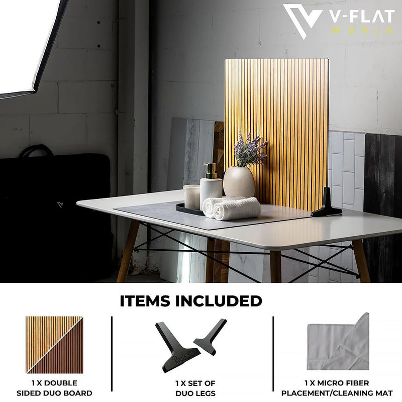 V-FLAT WORLD Duo-Board Double-Sided Background (Wood Slats Light/Wood Slats Dark, 24 x 24")