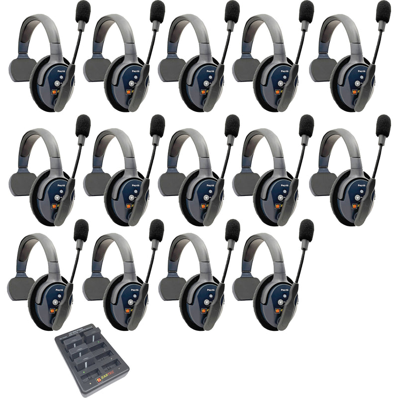 Eartec UltraLITE Pro16 Long-Range Dual-Channel Full-Duplex Wireless Intercom System with 14 Single-Ear Headsets (2.4 GHz)