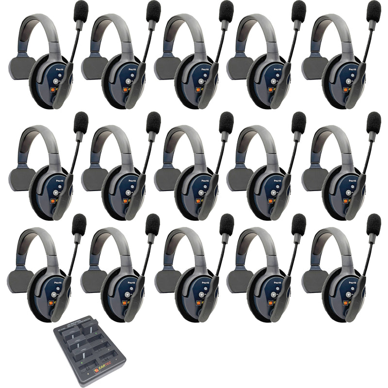 Eartec UltraLITE Pro16 Long-Range Dual-Channel Full-Duplex Wireless Intercom System with 15 Single-Ear Headsets (2.4 GHz)