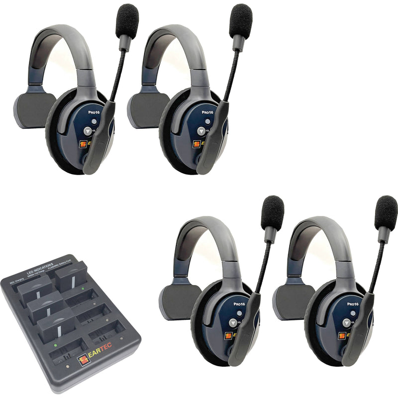 Eartec UltraLITE Pro16 Long-Range Dual-Channel Full-Duplex Wireless Intercom System with 4 Single-Ear Headsets (2.4 GHz)