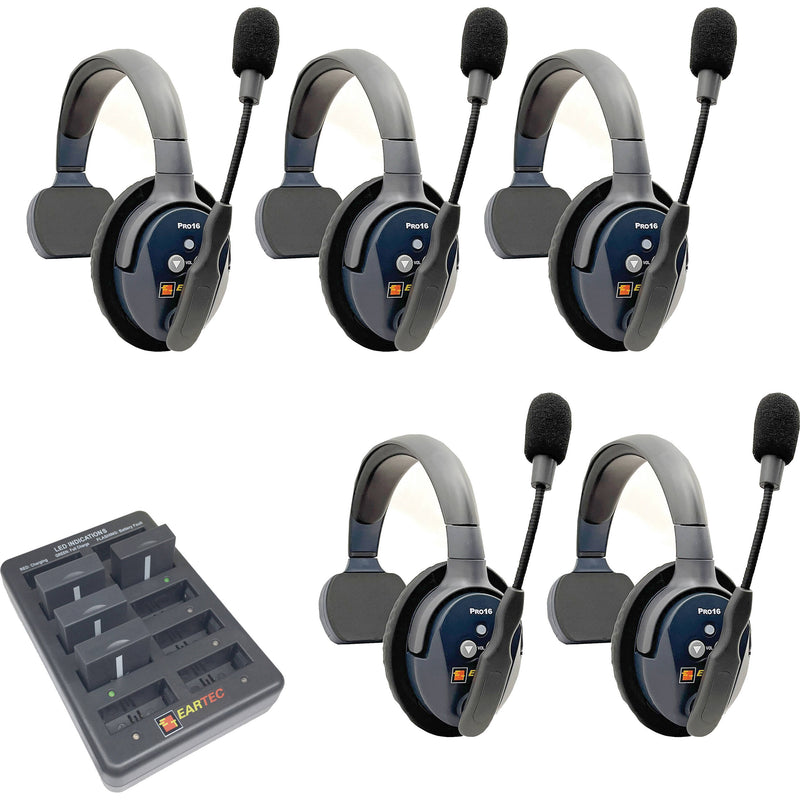 Eartec UltraLITE Pro16 Long-Range Dual-Channel Full-Duplex Wireless Intercom System with 5 Single-Ear Headsets (2.4 GHz)