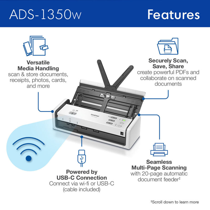 Brother ADS-1350W Wireless Portable Document Scanner