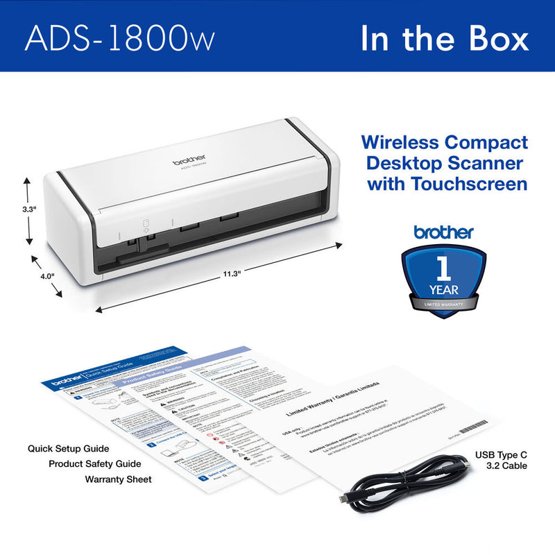 Brother ADS-1800W Wireless Compact Desktop Scanner with Color Touchscreen