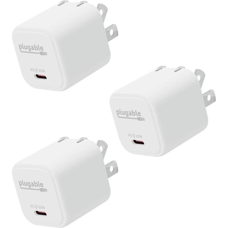 Plugable 30W GaN USB-C Wall Charger (White, 3-Pack)