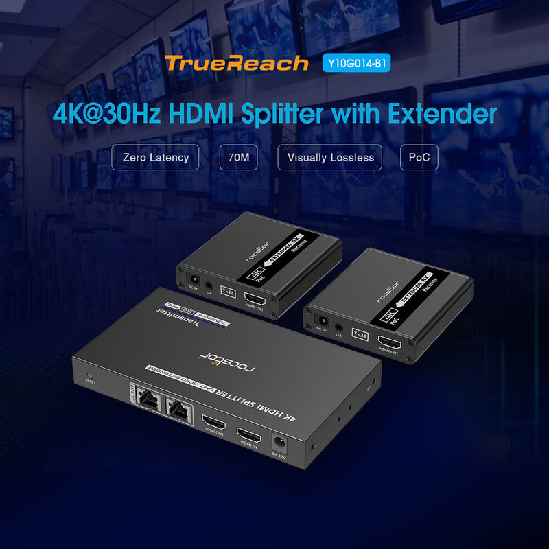 Rocstor TrueReach 1 x 2 4K30 HDMI Extender Splitter Kit with PoC (230')