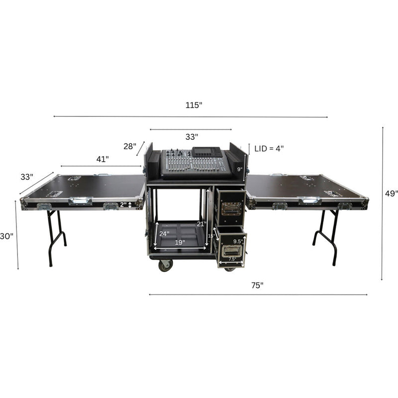 ProX BRANCO ATA Flight-Style FOH Mixing Console, 12 RU Rack, and Tables Case with Wheels