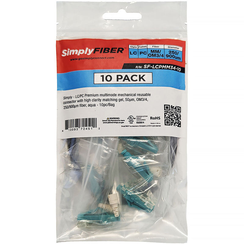 SimplyFIBER LC/PC Multi-Mode OM3/4 Mechanical Reusable Connector (Aqua, 10-Pack)