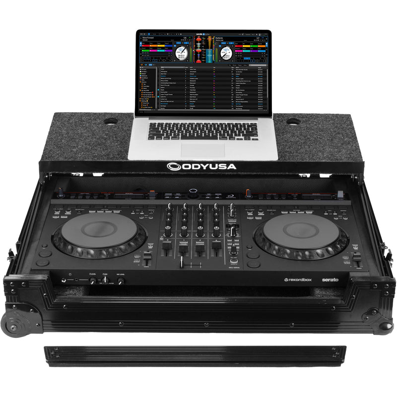 Odyssey Black Label Flight Case for AlphaTheta DDJ-GRV6 with Glide-Style Laptop Platform and Corner Wheels (All Black)