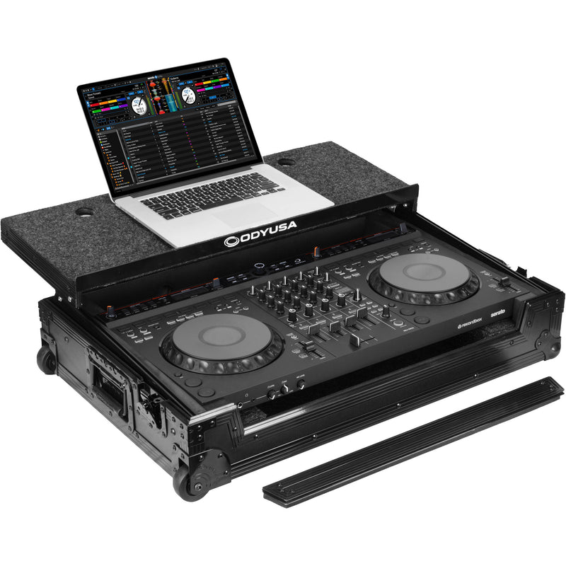 Odyssey Black Label Flight Case for AlphaTheta DDJ-GRV6 with Glide-Style Laptop Platform and Corner Wheels (All Black)