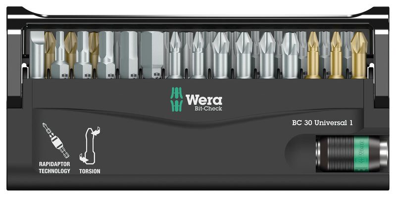 WERA 05056440001 Bit Set, Universal Holder, Bit Check, Slotted, Hex, Phillips, Pozidriv, Torx, 31 Piece GTIN UPC EAN: 4013288115096 4013288115096