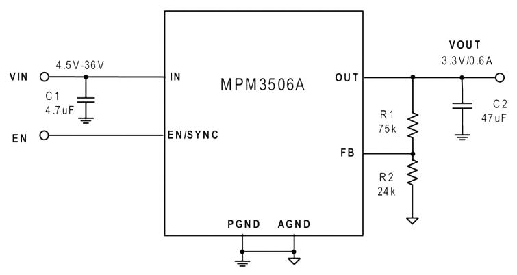 Monolithic Power Systems (MPS) MPM3506AGQV-Z MPM3506AGQV-Z DC-DC Switching Synchronous Step-Down Regulator Adjustable 4.5V-36V in 0.81V-32V out 600mA QFN