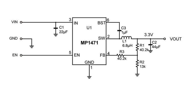 Monolithic Power Systems (MPS) MP1471AGJ-P MP1471AGJ-P DC-DC Switching Synchronous Buck Regulator 4.5V-16V in 800mV to 14.72V out 3A 500kHz TSOT-23-6