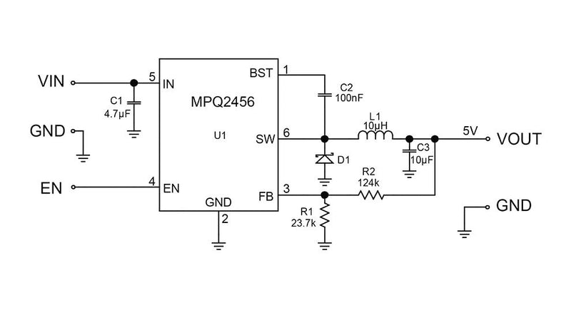 Monolithic Power Systems (MPS) MPQ2456GJ-Z MPQ2456GJ-Z DC-DC Switching Buck Step Down Regulator 4.5V-50V in 810mV to 45V out 500mA 1.2MHz TSOT-23-6