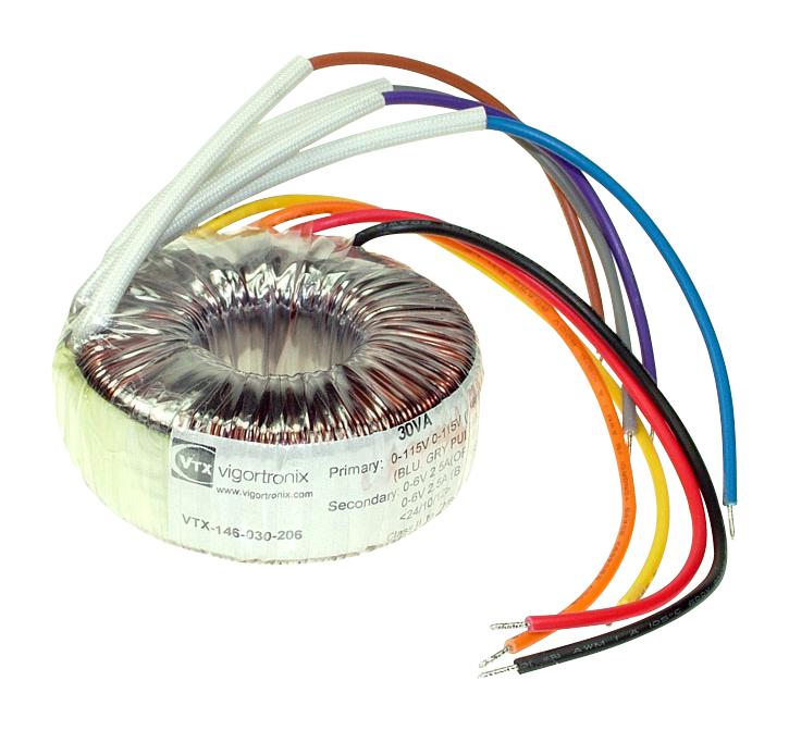 VIGORTRONIX VTX-146-050-225 Toroidal Transformer, Open Style, 50 VA, 115V, 230V, 2 x 25V, Dual Primary, Dual Secondary, Open