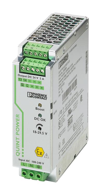 PHOENIX CONTACT 2320908 AC/DC DIN Rail Power Supply (PSU), ITE, 1 Output, 120 W, 24 VDC, 5 A GTIN UPC EAN: 4046356520010 QUINT-PS/1AC/24DC/ 5/CO