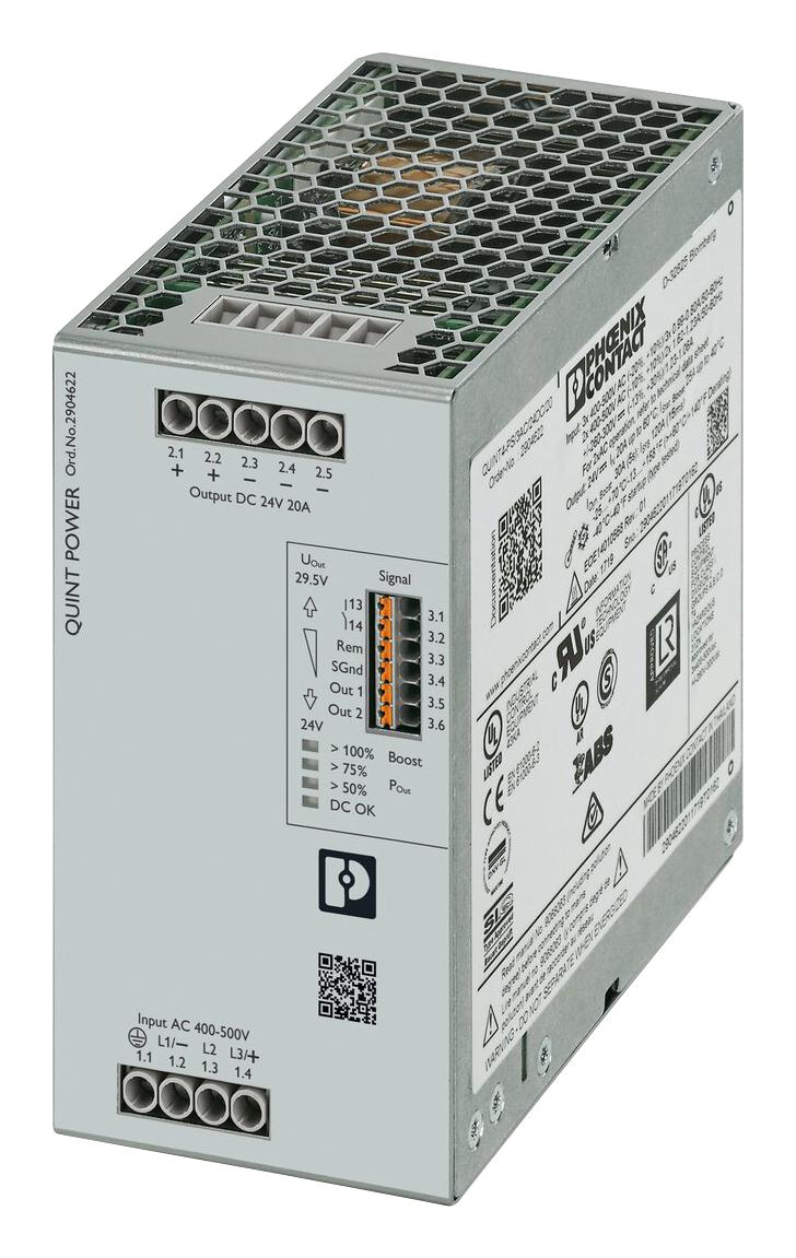 PHOENIX CONTACT 2904622 AC/DC DIN Rail Power Supply (PSU), Laboratory Equipment, 1 Output, 480 W, 24 VDC, 20 A QUINT4-PS/3AC/24DC/20