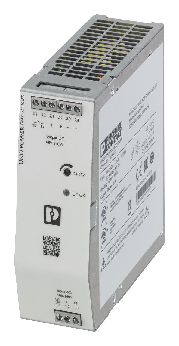 PHOENIX CONTACT 1110155 AC/DC DIN Rail Power Supply (PSU), 42 - 56 VDC, Laboratory Equipment, 1 Output, 240 W, 48 VDC, 5 A UNO2-PS/1AC/48DC/240W