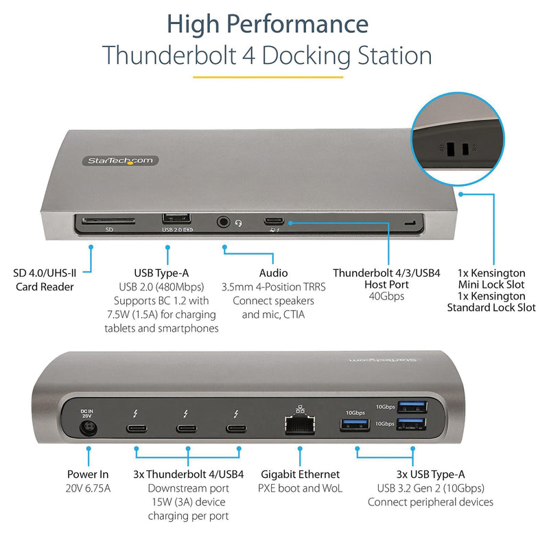 Startech TB4CDOCKUE TB4CDOCKUE Dock Station Single/Dual Monitor Thunderbolt 4 96 W 3x TB4/USB Ports 4x USB-A SD GbE