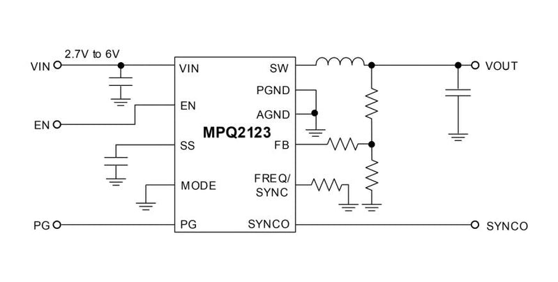 Monolithic Power Systems (MPS) MPQ2123GD-AEC1-P MPQ2123GD-AEC1-P DC-DC Switching Synchronous Buck Regulator Adjustable 2.7 to 6 V in 0.606 /2 A QFN-11