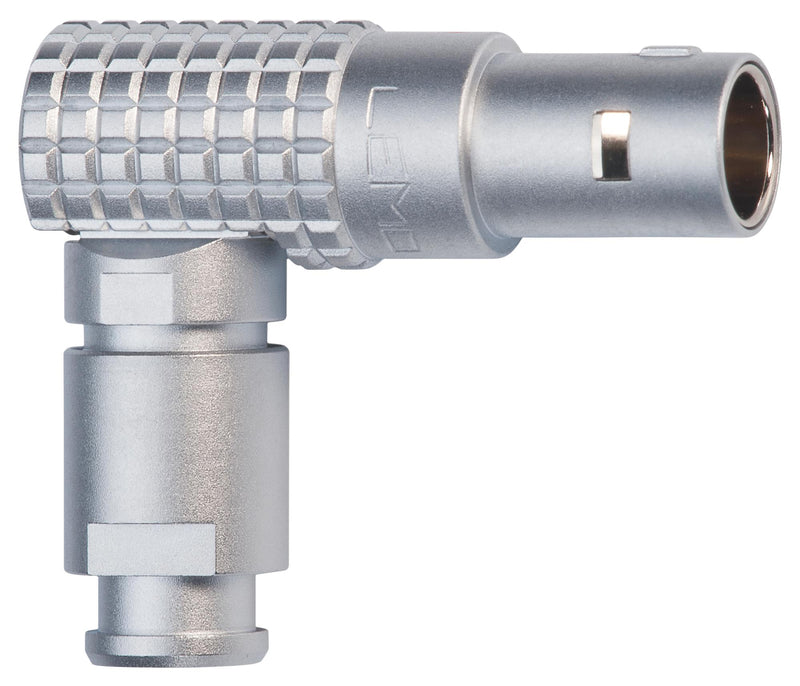 LEMO FPG.0B.305.CLAD52Z Circular Connector, 0B Series, Right Angle Cable Mount Plug, 5 Contacts, Solder Pin, Push-Pull