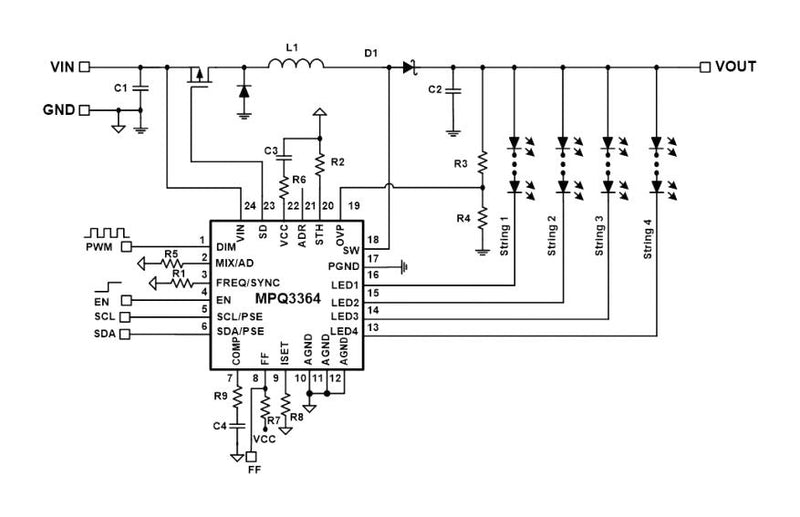 Monolithic Power Systems (MPS) MPQ3364GR-AEC1-P MPQ3364GR-AEC1-P LED Driver DC / Boost 3.5V to 36V Input -40&deg;C 125&deg;C 2.2MHz 4 O/P QFN-24