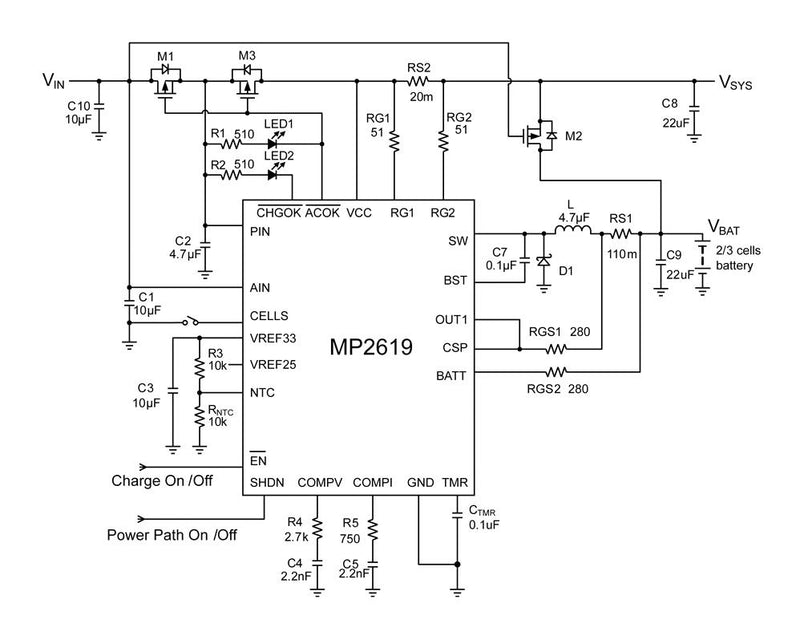 Monolithic Power Systems (MPS) MP2619EV-LF-P MP2619EV-LF-P Battery Charger for 3 Cells of Li-Ion 24V Input 12.6V/2A Charge QFN-28