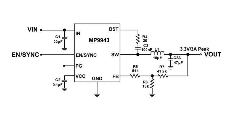 Monolithic Power Systems (MPS) MP9943GQ-P MP9943GQ-P DC-DC Switching Synchronous Buck Regulator 4V-36V in 800mV to 32.4V out 3A 410kHz QFN-8