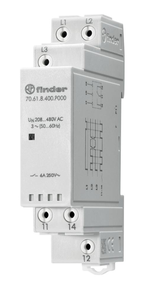 FINDER 70.61.8.400.P000 Phase Monitoring Relay, 70 Series, SPDT, 6 A, DIN Rail, Push In, 400 VAC