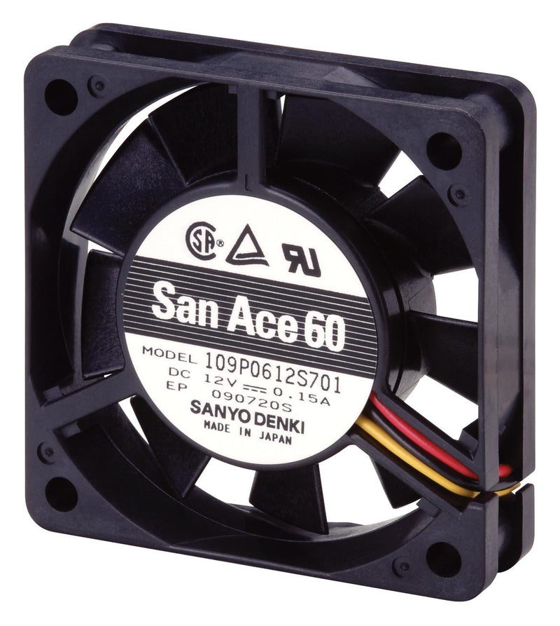 SANYO DENKI 109P0605M701 DC Axial Fan, 5 V, Square, 60 mm, 15 mm, Ball Bearing, 10.6 CFM