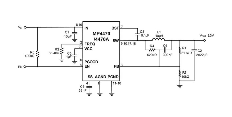 Monolithic Power Systems (MPS) MP4470GL-P MP4470GL-P DC-DC Switching Synchronous Buck Regulator 4.5V-36V in 800mV to 32.4V out 5A 1MHz QFN-20