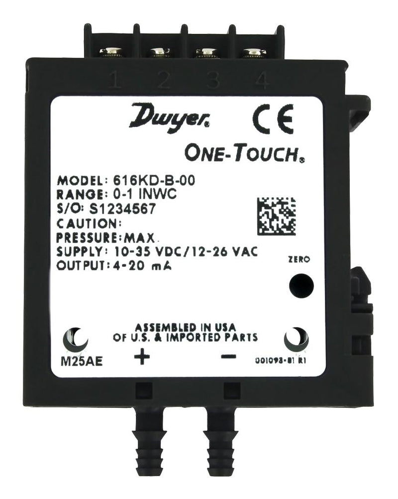 DWYER 616KD-03 Pressure Sensor, 2 % Accuracy, 5 Inch-H2O, Current, Differential, 35 VDC, Dual Radial Barbed, 21 mA