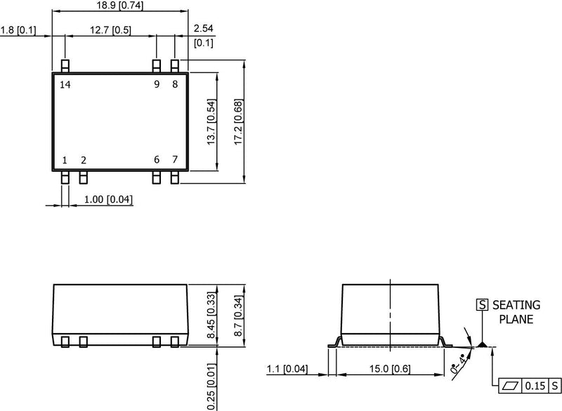 TRACO POWER TMR 1-0523SM Isolated Surface Mount DC/DC Converter, ITE, 2:1, 1 W, 2 Output, 15 V, 33 mA