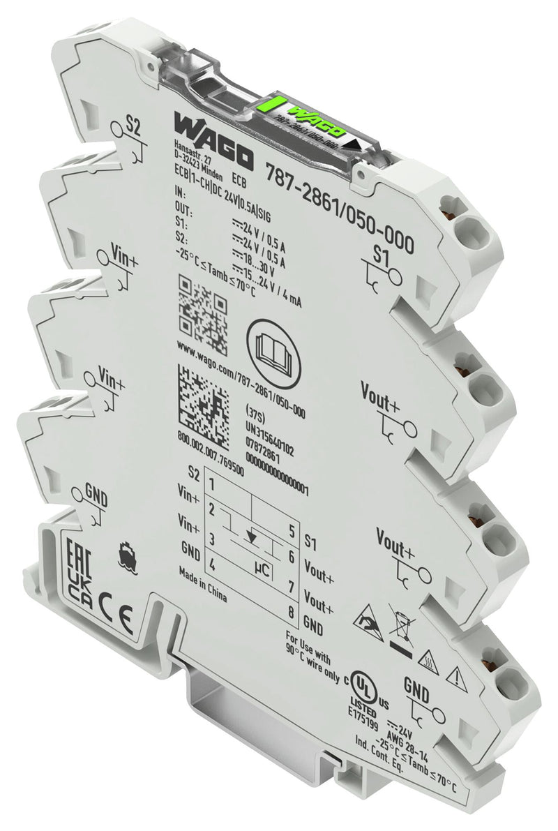 WAGO 787-2861/050-000 Electronic Circuit Breaker, 500 mA, 1 Pole, 24 VDC, DIN Rail, 500 mA