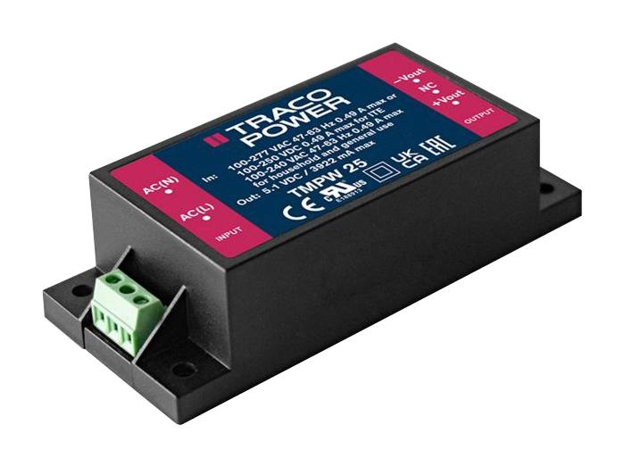 TRACO POWER TMPW 25-112-T AC/DC Enclosed Power Supply (PSU), ITE & Household, 1 Outputs, 25 W, 12 VDC, 2.083 A