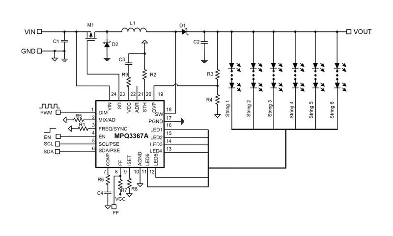 Monolithic Power Systems (MPS) MPQ3367AGR-AEC1-P MPQ3367AGR-AEC1-P LED Driver DC / Boost 150 mA 6 Outputs 2.2 MHz AEC-Q100 QFN-EP