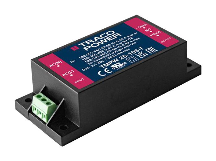 TRACO POWER TMPW 25-105-T AC/DC Enclosed Power Supply (PSU), ITE & Household, 1 Outputs, 20 W, 5.1 VDC, 3.922 A