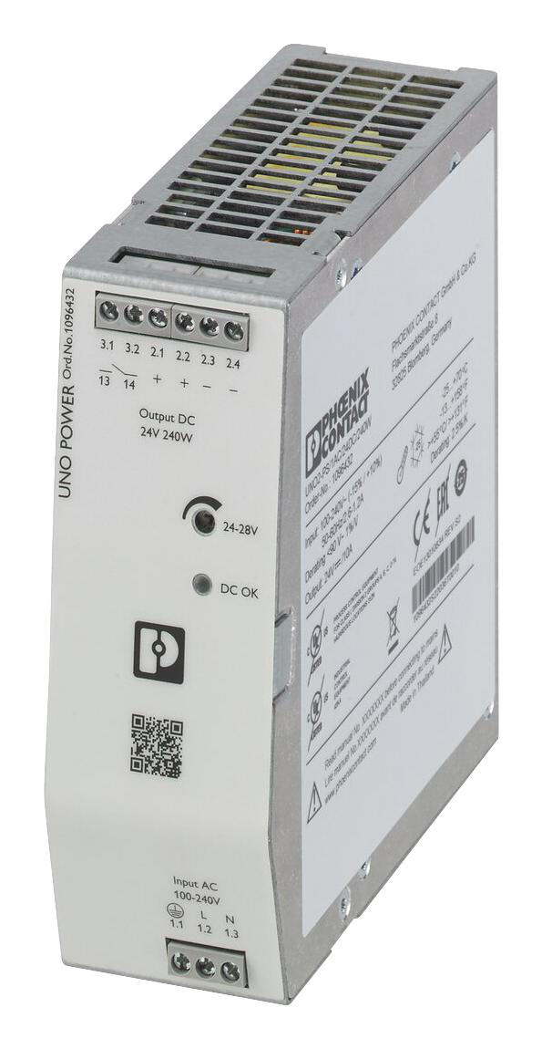 PHOENIX CONTACT 1096432 AC/DC DIN Rail Power Supply (PSU), 24 - 28 VDC, Laboratory Equipment, 1 Output, 240 W, 24 VDC, 10 A UNO2-PS/1AC/24DC/240W