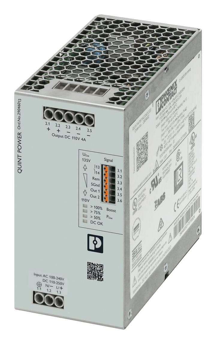 PHOENIX CONTACT 2904613 AC/DC DIN Rail Power Supply (PSU), 110 - 135 VDC, ITE & Laboratory Equipment, 1 Output, 440 W QUINT4-PS/1AC/110DC/4