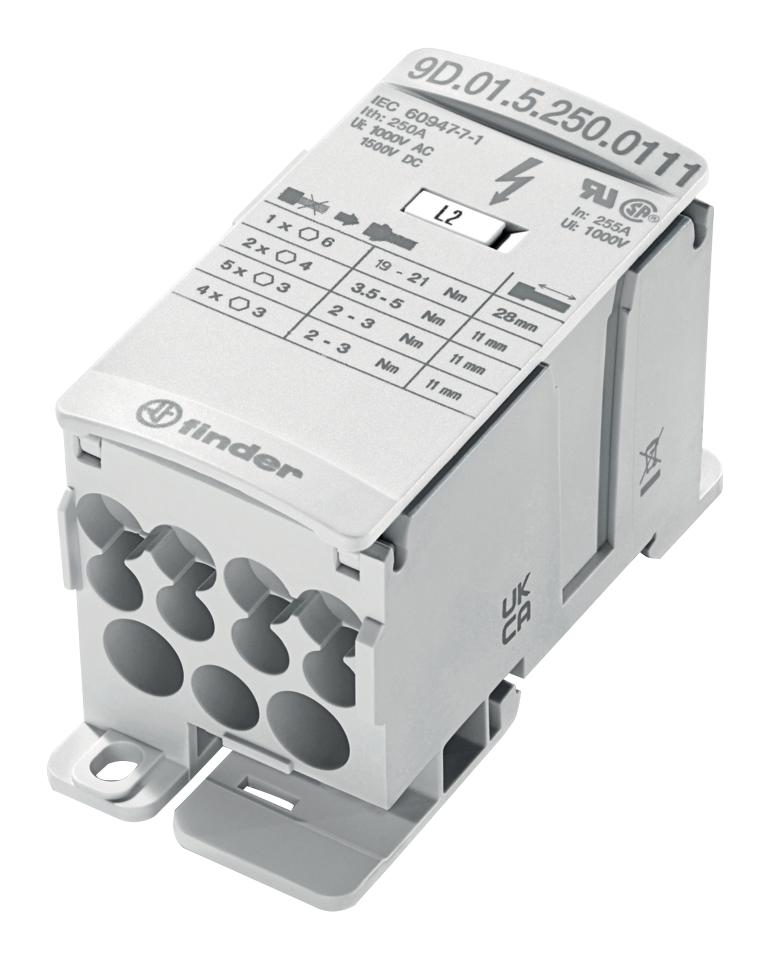 FINDER 9D.01.5.250.0111 Panel Mount Barrier Terminal Block, 250 A, 1.5 kV, 1, Screw