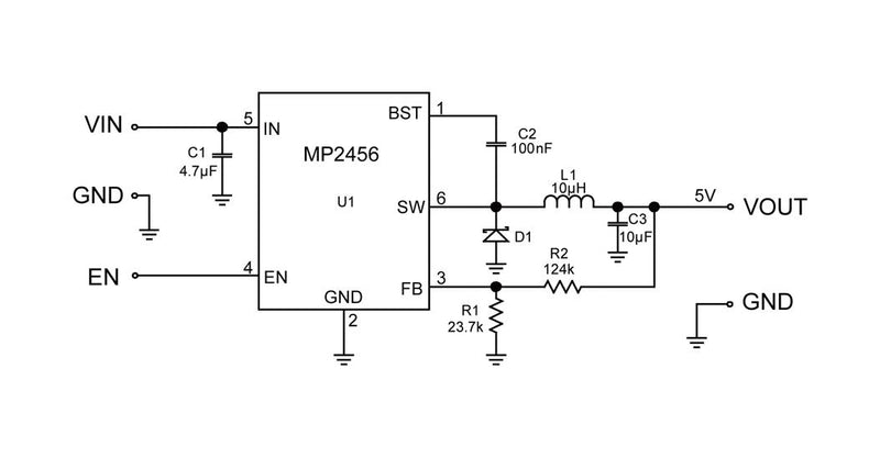 Monolithic Power Systems (MPS) MP2456GJ-Z MP2456GJ-Z DC-DC Switching Buck (Step Down) Regulator 4.5V-50V in 810mV to 45V out 500mA 1.2MHz TSOT-23-6