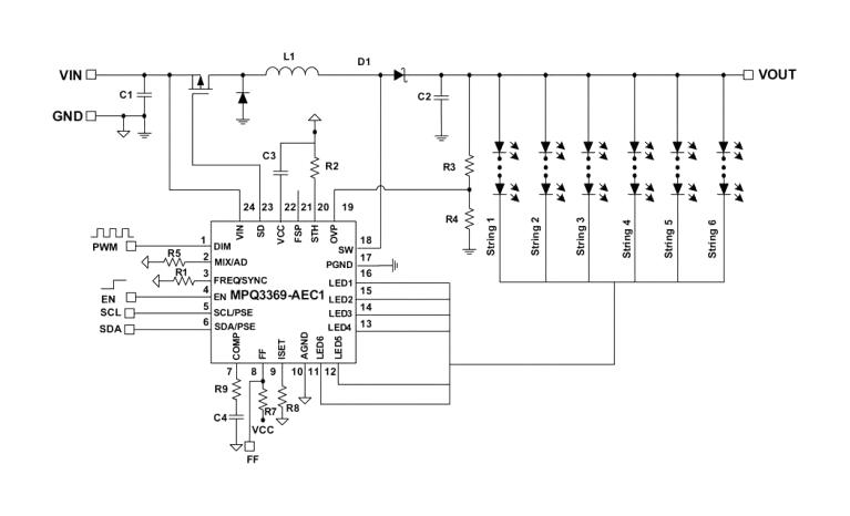 Monolithic Power Systems (MPS) MPQ3369GR-AEC1-P MPQ3369GR-AEC1-P LED Driver 6 Outputs Boost 3.5 V to 36 Input 2.2 MHz 100 mA Output QFN-24