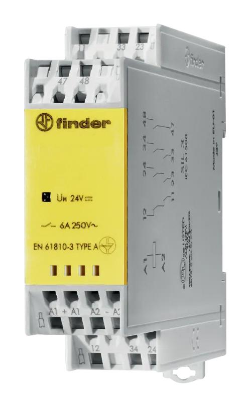 FINDER 7S.43.9.110.0211 Safety Relay, 110 VDC, DPST-NO, SPST-NC, 7S Series, DIN Rail, 6 A, Screwless