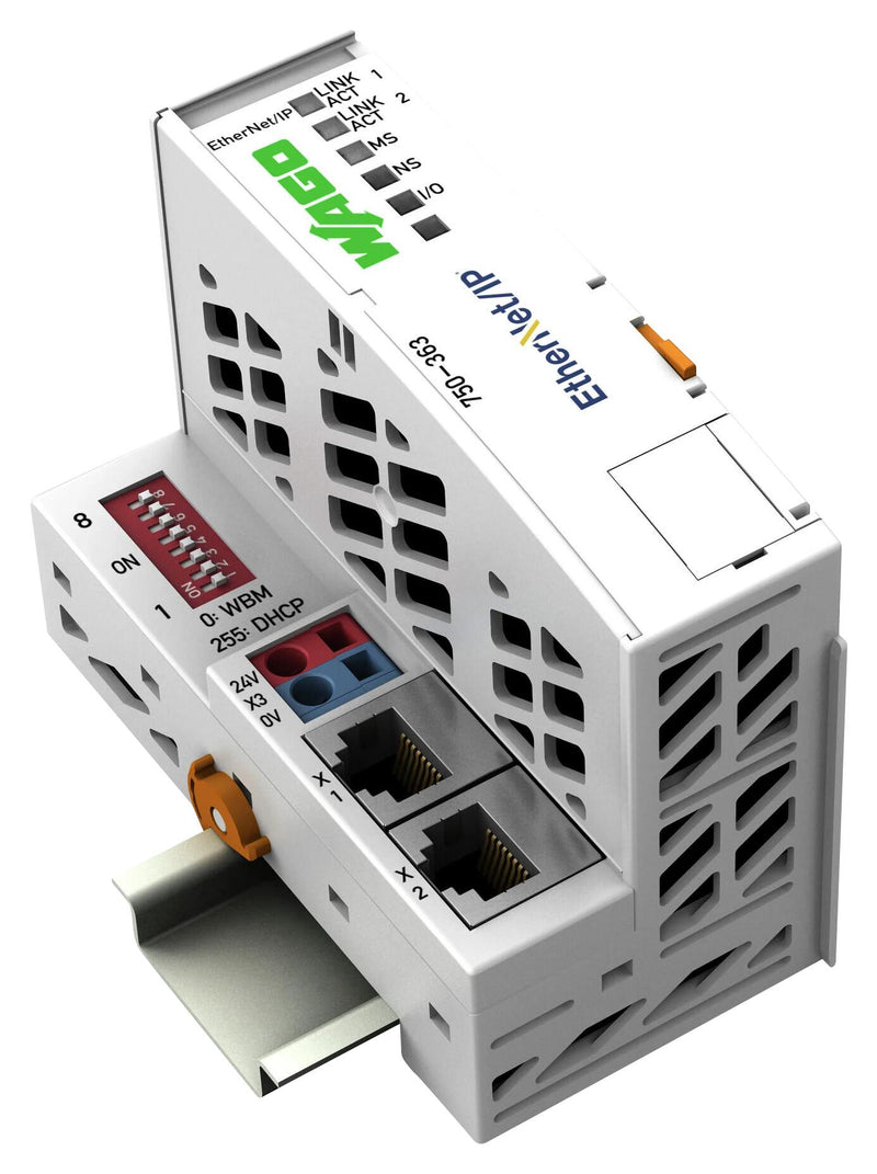 WAGO 750-363. Fieldbus Coupler, Ethernet/IP, 700 mA, 24 VDC, DIN Rail, IP20, 750 Series