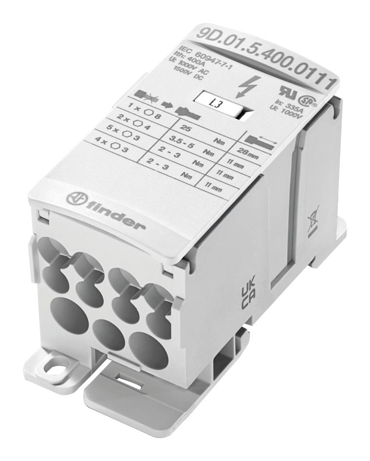 FINDER 9D.01.5.400.0111 Panel Mount Barrier Terminal Block, 400 A, 1.5 kV, 1, Screw