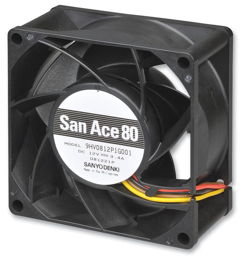 SANYO DENKI 9HV0812P1G001 DC Axial Fan, 12 V, Square, 80 mm, 38 mm, Ball Bearing, 130.7 CFM