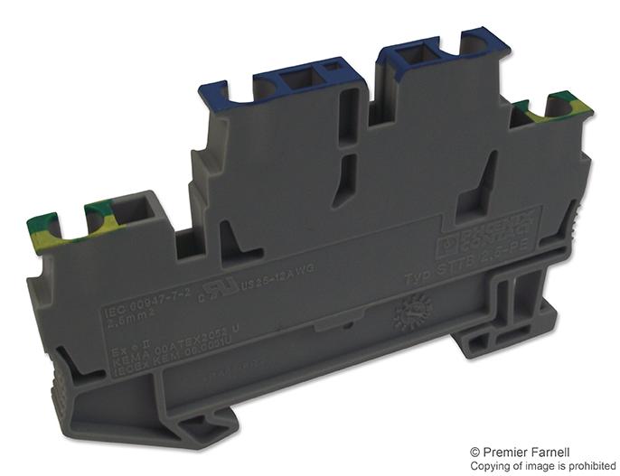 PHOENIX CONTACT 3036327 DIN Rail Mount Terminal Block, 4 Ways, 28 AWG, 12 AWG, 4 mm&sup2;, Clamp, 22 A GTIN UPC EAN: 4017918848675 STTB 2,5-PE/N