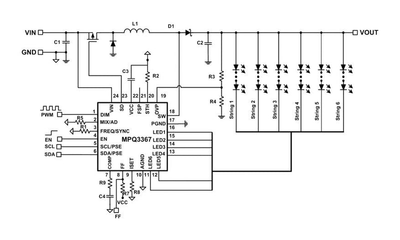 Monolithic Power Systems (MPS) MPQ3367GRE-AEC1-P MPQ3367GRE-AEC1-P Wled Driver DC/DC 6-Channel AEC-Q100 Boost 2.2 MHz QFN-24 3.5 to 36 V SMD