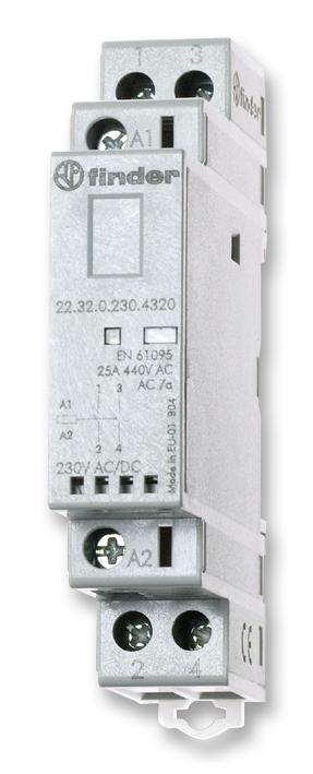 FINDER 22.32.0.230.4320 Contactor, DIN Rail, 250 VAC, DPST-NO, 2 Pole