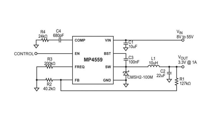 Monolithic Power Systems (MPS) MP4559DN-LF-P DC-DC Switching Buck Regulator Adjustable 3.8V-55V in 0.8V-52V out 3A HSOIC-8