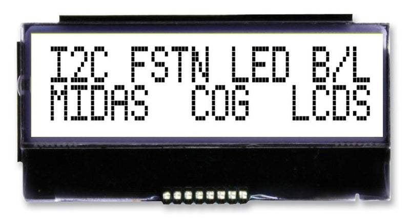 Midas MCCOG21605C6W-FPTLWI MCCOG21605C6W-FPTLWI Alphanumeric LCD 16 x 2 Black on White 3V to 5V I2C English Japanese Transflective